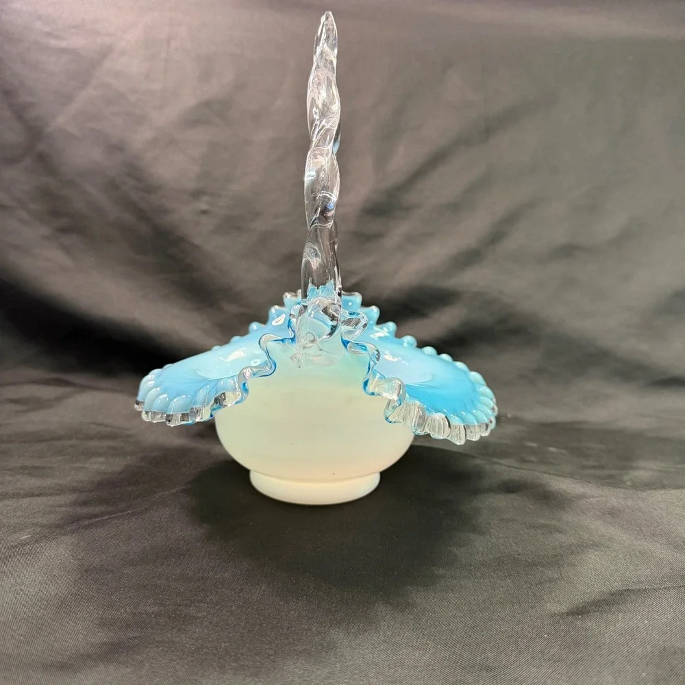 Vintage Fenton Glass Basket Blue Cased Overlay Silver Jamestown Ruffled Twisted